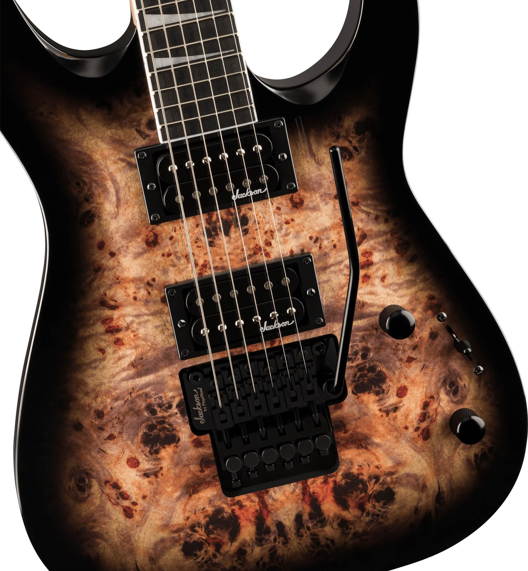 Jackson JS Series Dinky JS32 DKAP Transparent Black Burst Bundle with Cable, Tuner, Strap, Picks, and Austin Bazaar Guitar DVD